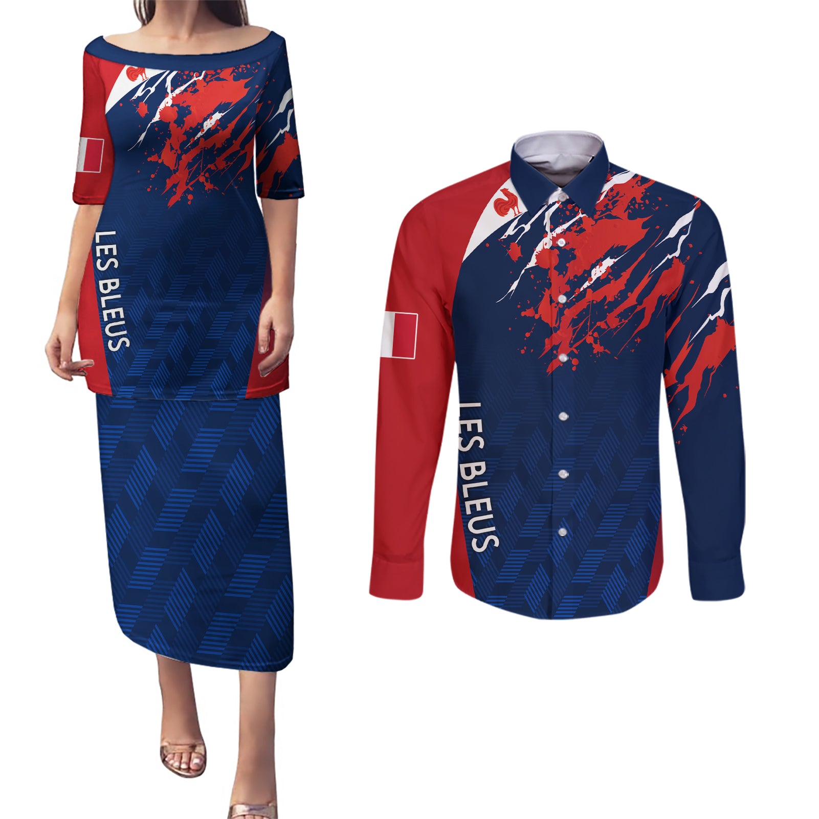 personalised-france-rugby-couples-matching-puletasi-dress-and-long-sleeve-button-shirts-2023-world-cup-allez-les-bleus-grunge-style