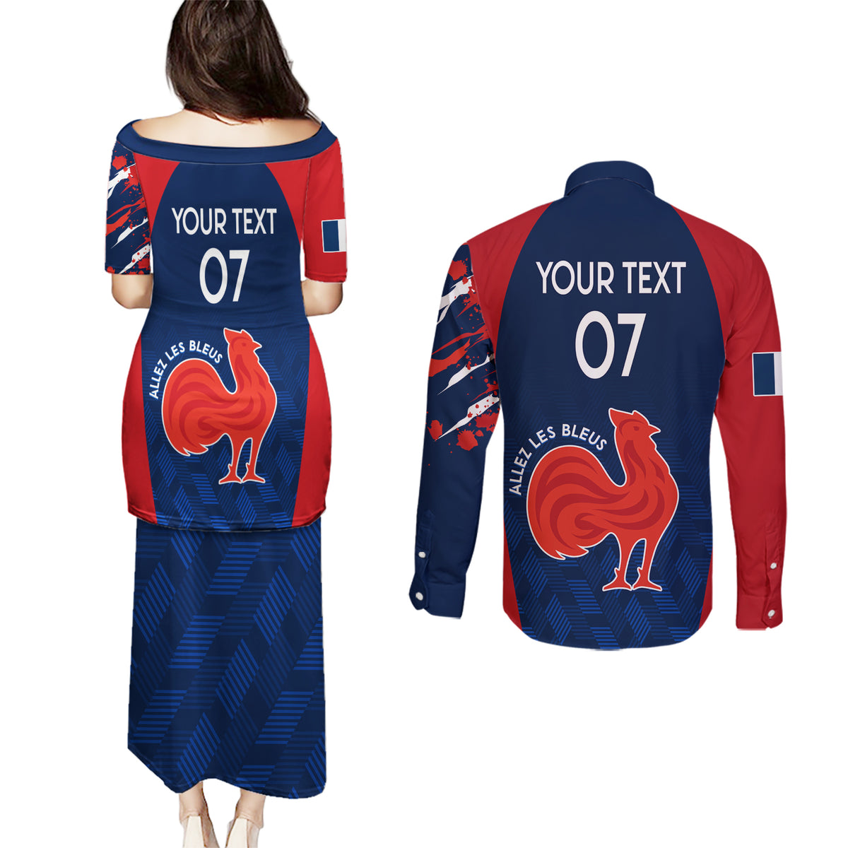 Personalised France Rugby Couples Matching Puletasi Dress and Long Sleeve Button Shirts 2023 World Cup Allez Les Bleus Grunge Style LT7 - Wonder Print Shop