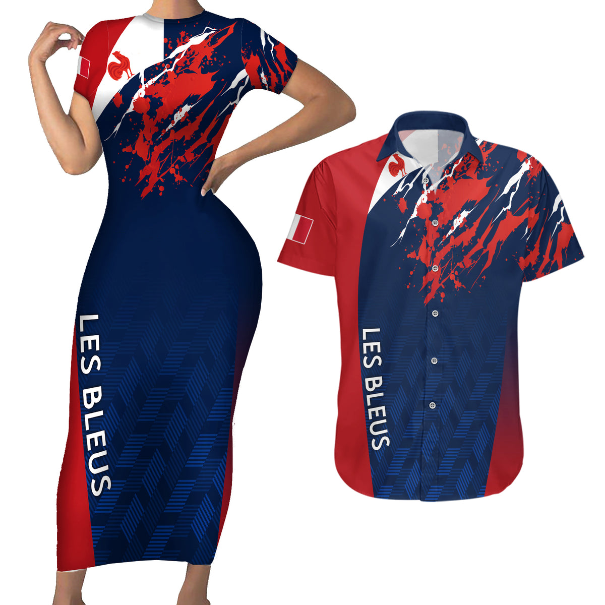 Personalised France Rugby Couples Matching Short Sleeve Bodycon Dress and Hawaiian Shirt 2023 World Cup Allez Les Bleus Grunge Style LT7 - Wonder Print Shop