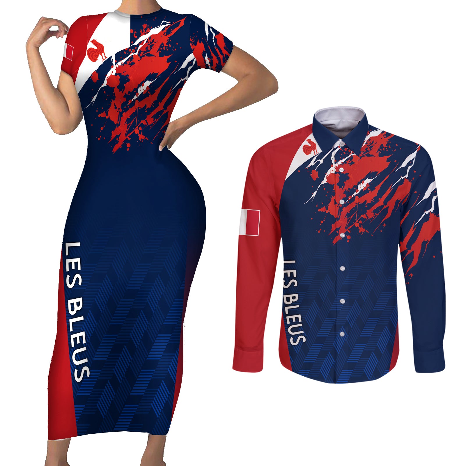 personalised-france-rugby-couples-matching-short-sleeve-bodycon-dress-and-long-sleeve-button-shirts-2023-world-cup-allez-les-bleus-grunge-style