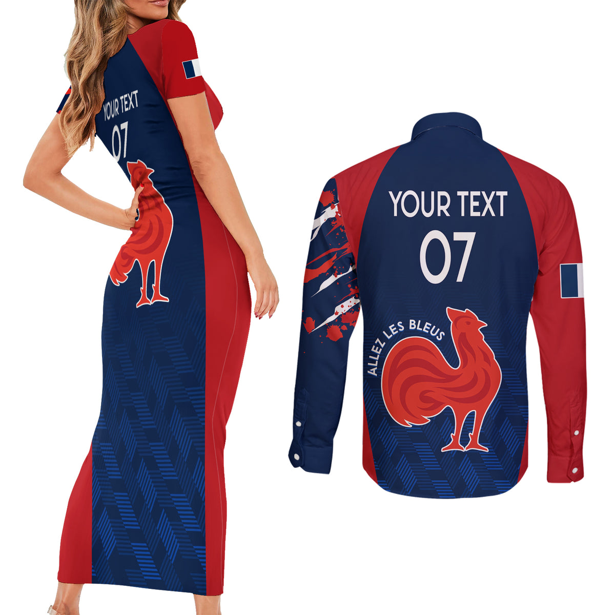 Personalised France Rugby Couples Matching Short Sleeve Bodycon Dress and Long Sleeve Button Shirts 2023 World Cup Allez Les Bleus Grunge Style LT7 - Wonder Print Shop