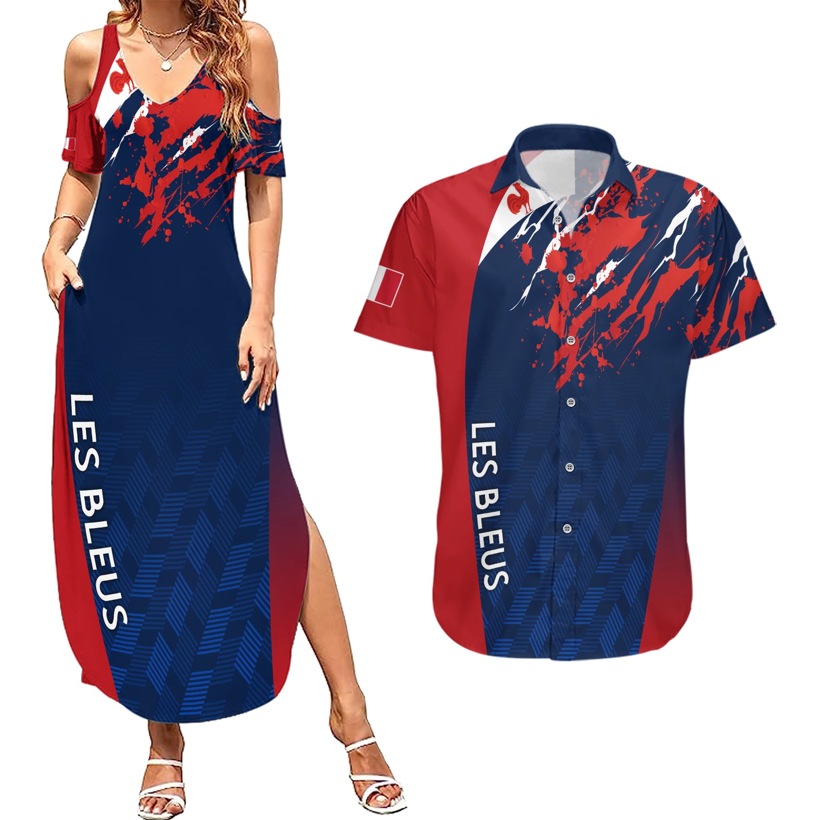 personalised-france-rugby-couples-matching-summer-maxi-dress-and-hawaiian-shirt-2023-world-cup-allez-les-bleus-grunge-style
