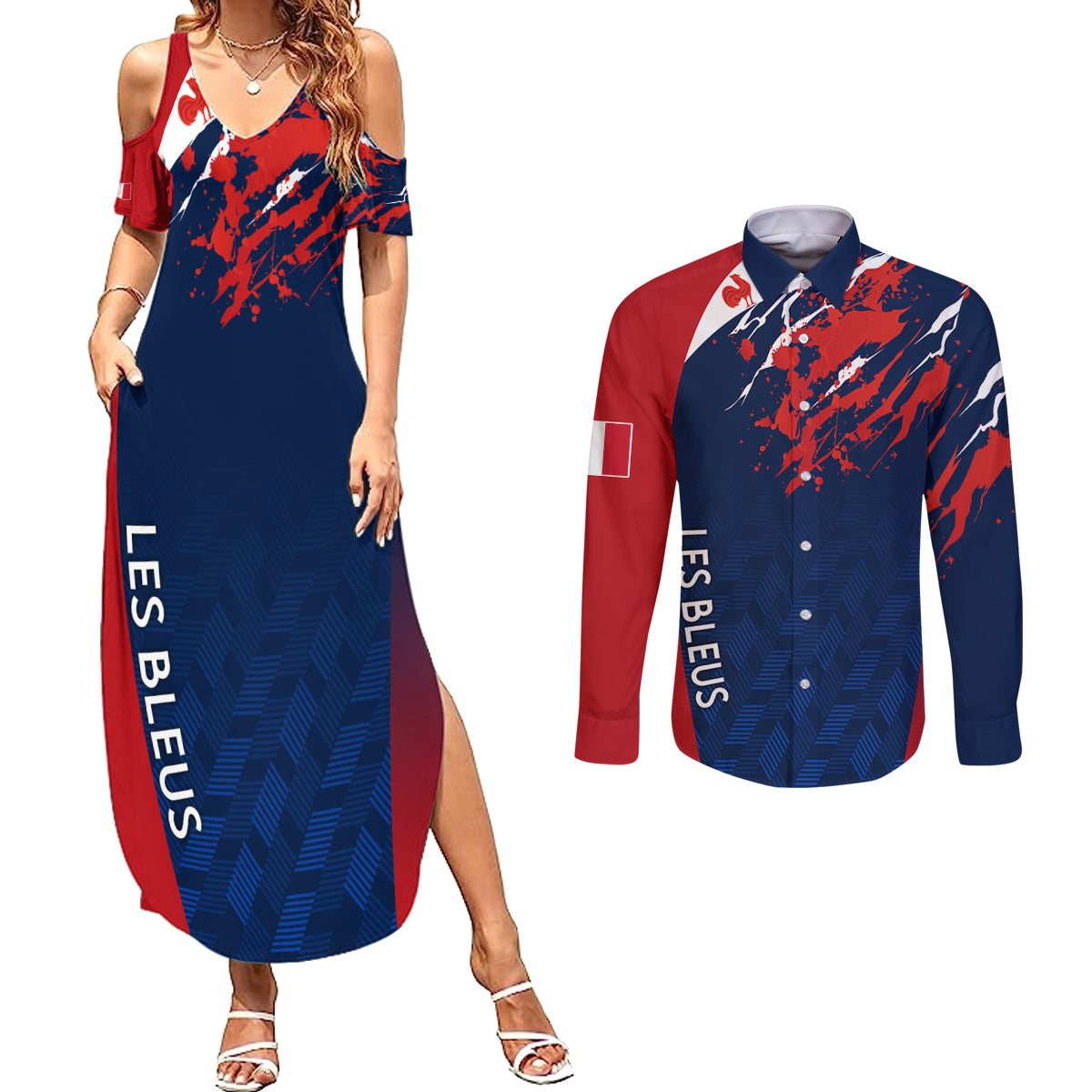 Personalised France Rugby Couples Matching Summer Maxi Dress and Long Sleeve Button Shirts 2023 World Cup Allez Les Bleus Grunge Style LT7 - Wonder Print Shop