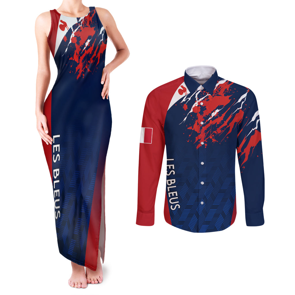 personalised-france-rugby-couples-matching-tank-maxi-dress-and-long-sleeve-button-shirts-2023-world-cup-allez-les-bleus-grunge-style