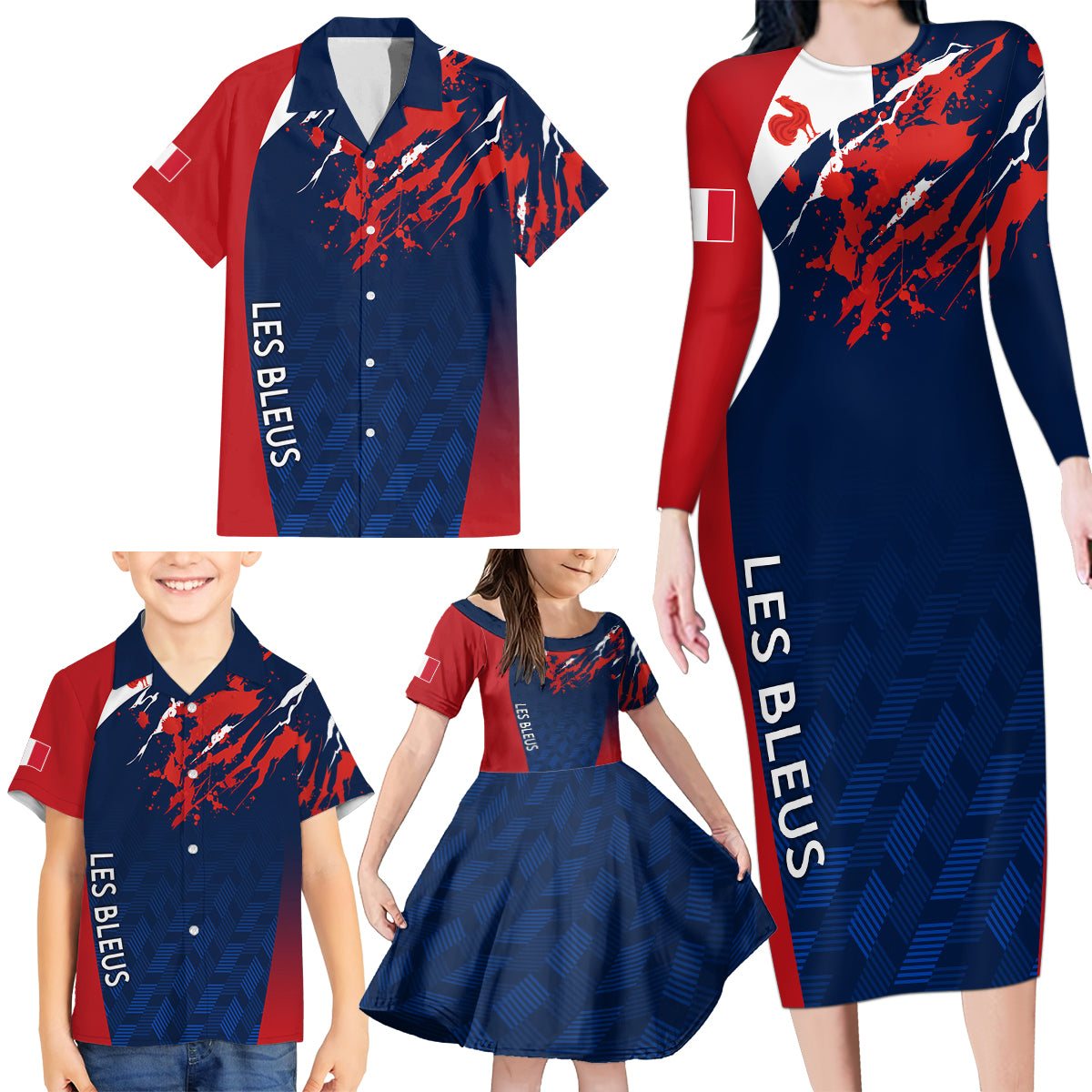 Personalised France Rugby Family Matching Long Sleeve Bodycon Dress and Hawaiian Shirt 2023 World Cup Allez Les Bleus Grunge Style LT7 - Wonder Print Shop