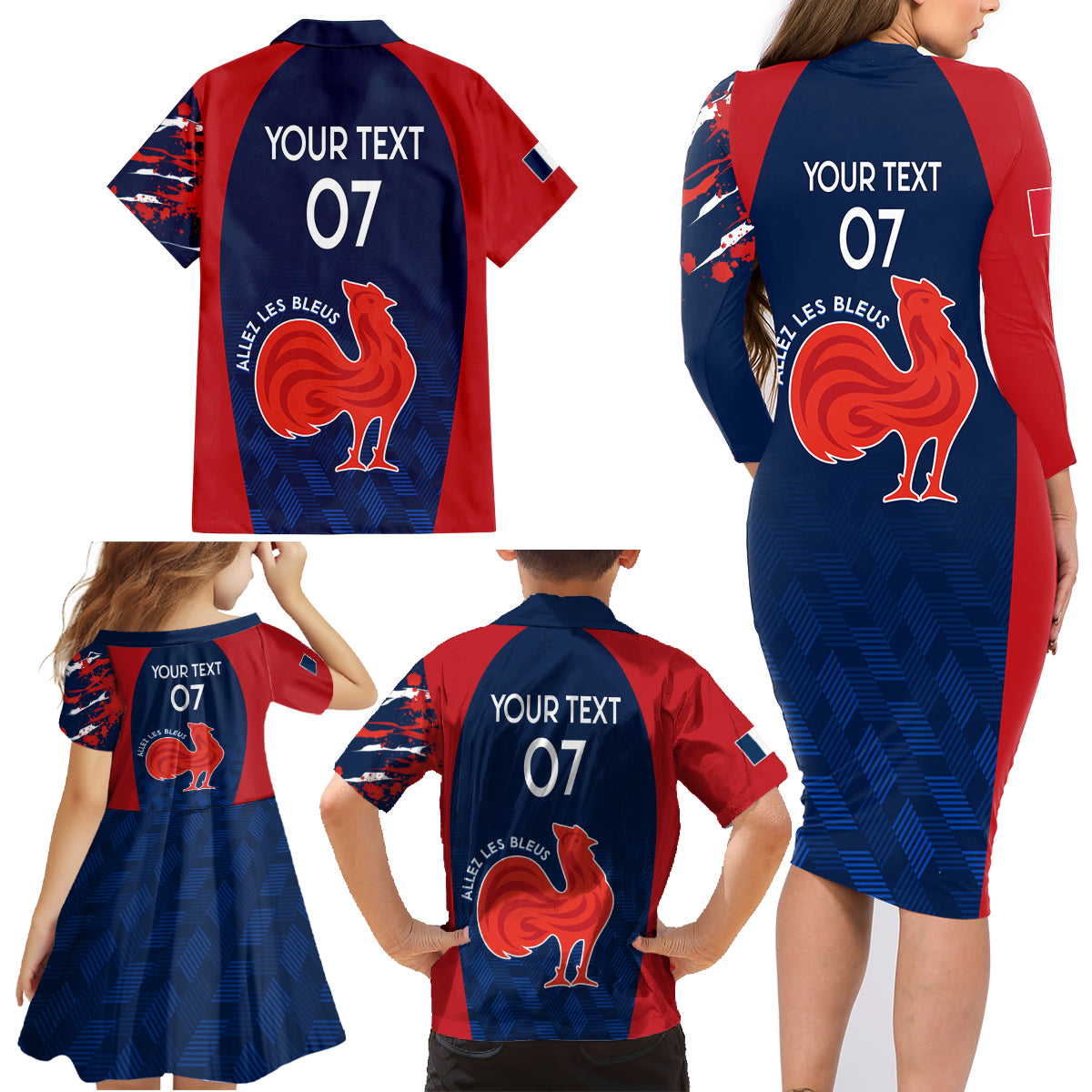 Personalised France Rugby Family Matching Long Sleeve Bodycon Dress and Hawaiian Shirt 2023 World Cup Allez Les Bleus Grunge Style LT7 - Wonder Print Shop