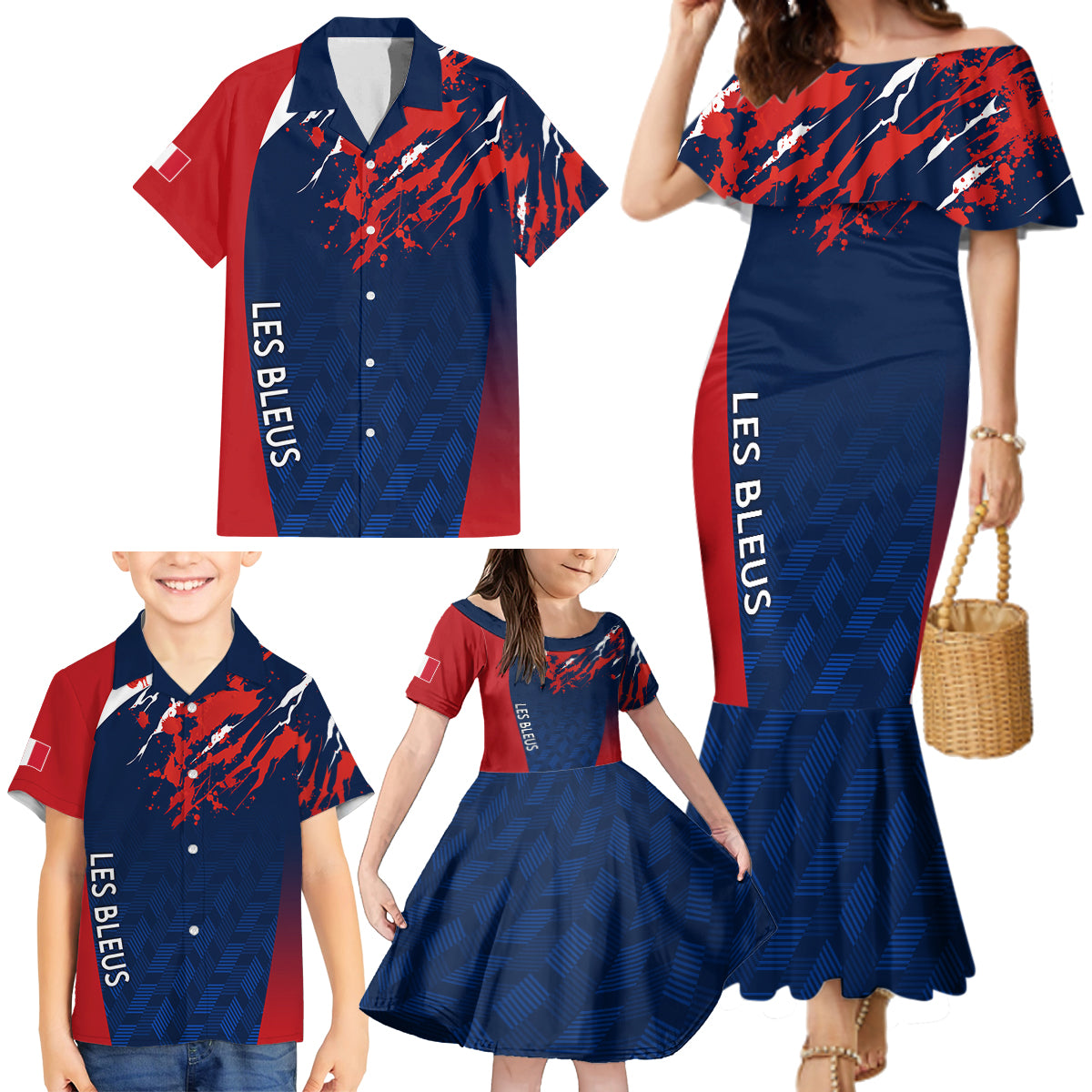 personalised-france-rugby-family-matching-mermaid-dress-and-hawaiian-shirt-2023-world-cup-allez-les-bleus-grunge-style