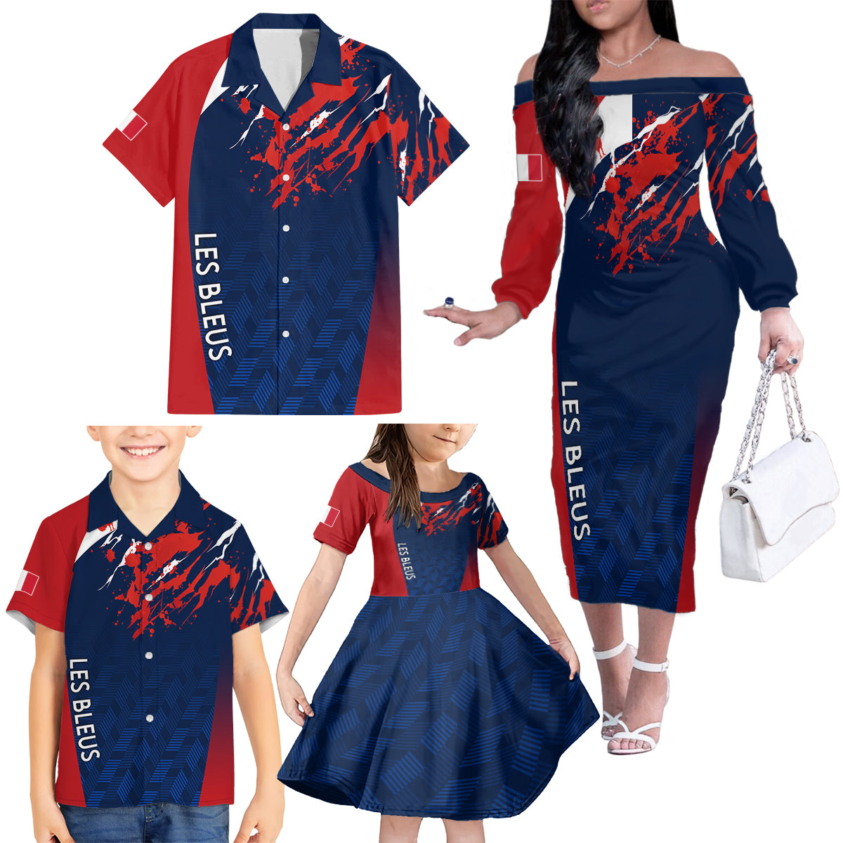 Personalised France Rugby Family Matching Off Shoulder Long Sleeve Dress and Hawaiian Shirt 2023 World Cup Allez Les Bleus Grunge Style - Wonder Print Shop