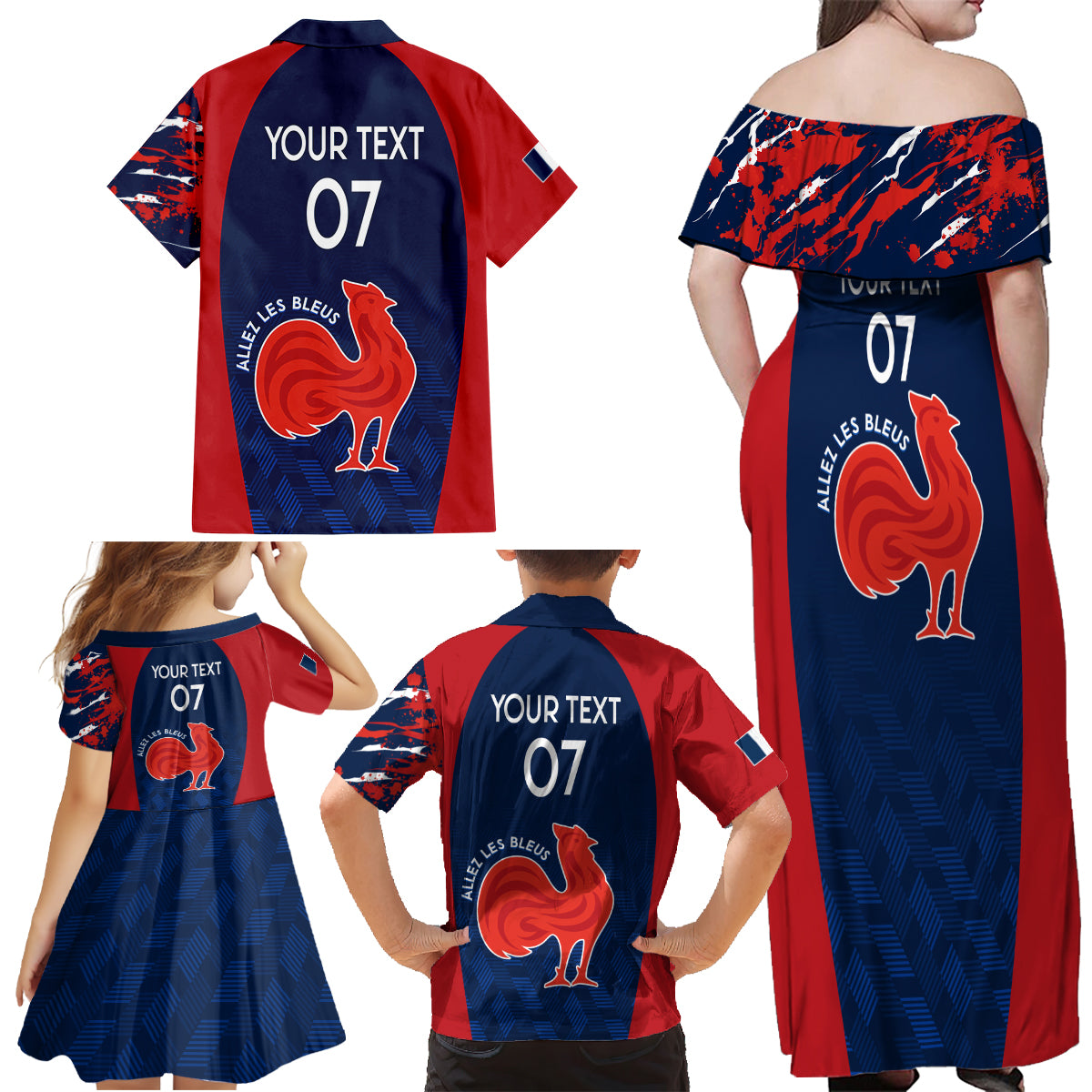 Personalised France Rugby Family Matching Off Shoulder Maxi Dress and Hawaiian Shirt 2023 World Cup Allez Les Bleus Grunge Style LT7 - Wonder Print Shop