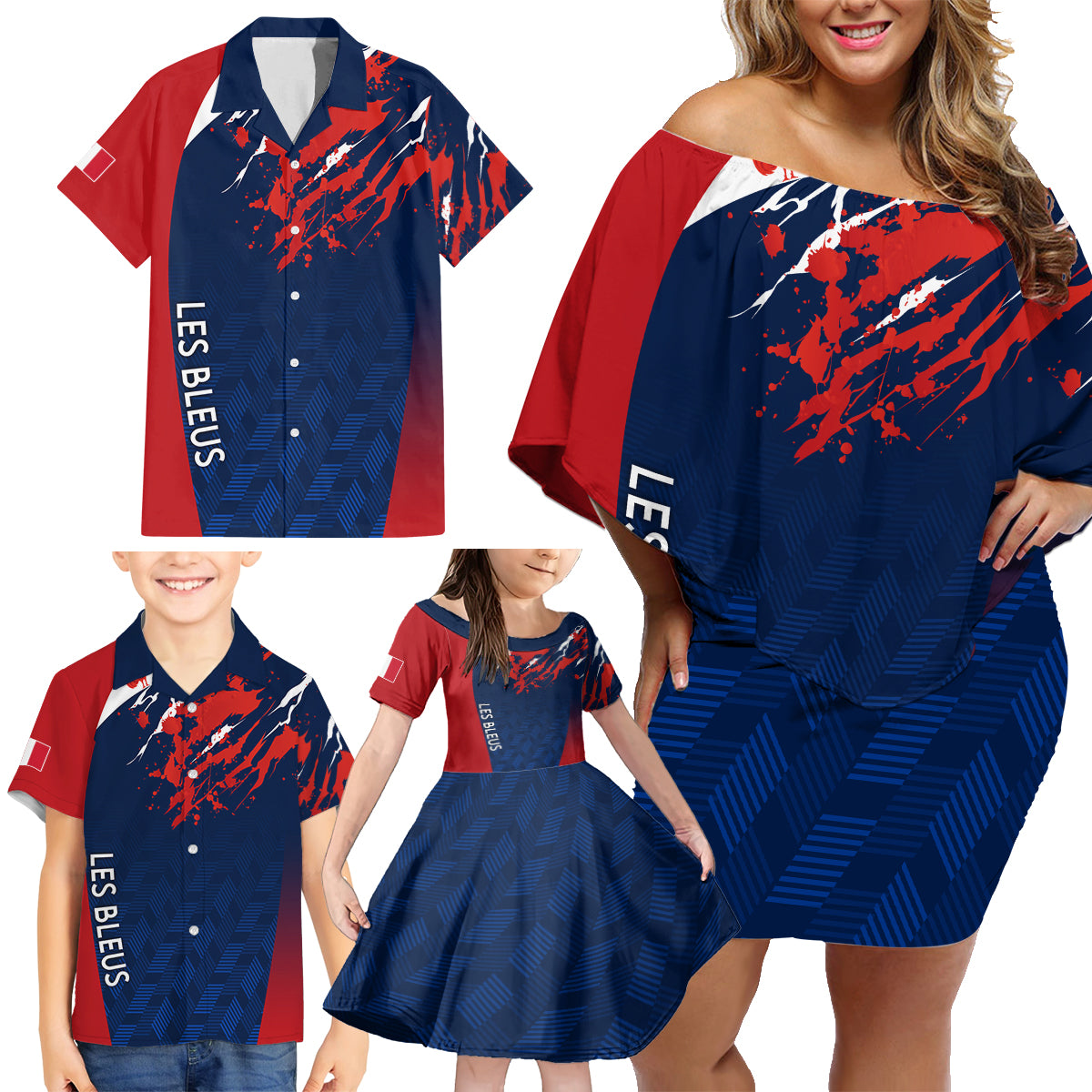 personalised-france-rugby-family-matching-off-shoulder-short-dress-and-hawaiian-shirt-2023-world-cup-allez-les-bleus-grunge-style