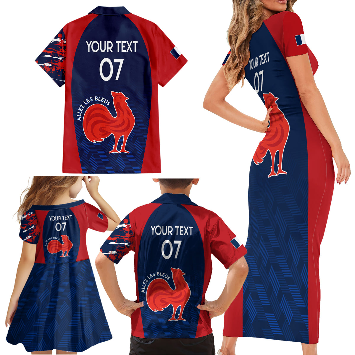 Personalised France Rugby Family Matching Short Sleeve Bodycon Dress and Hawaiian Shirt 2023 World Cup Allez Les Bleus Grunge Style - Wonder Print Shop