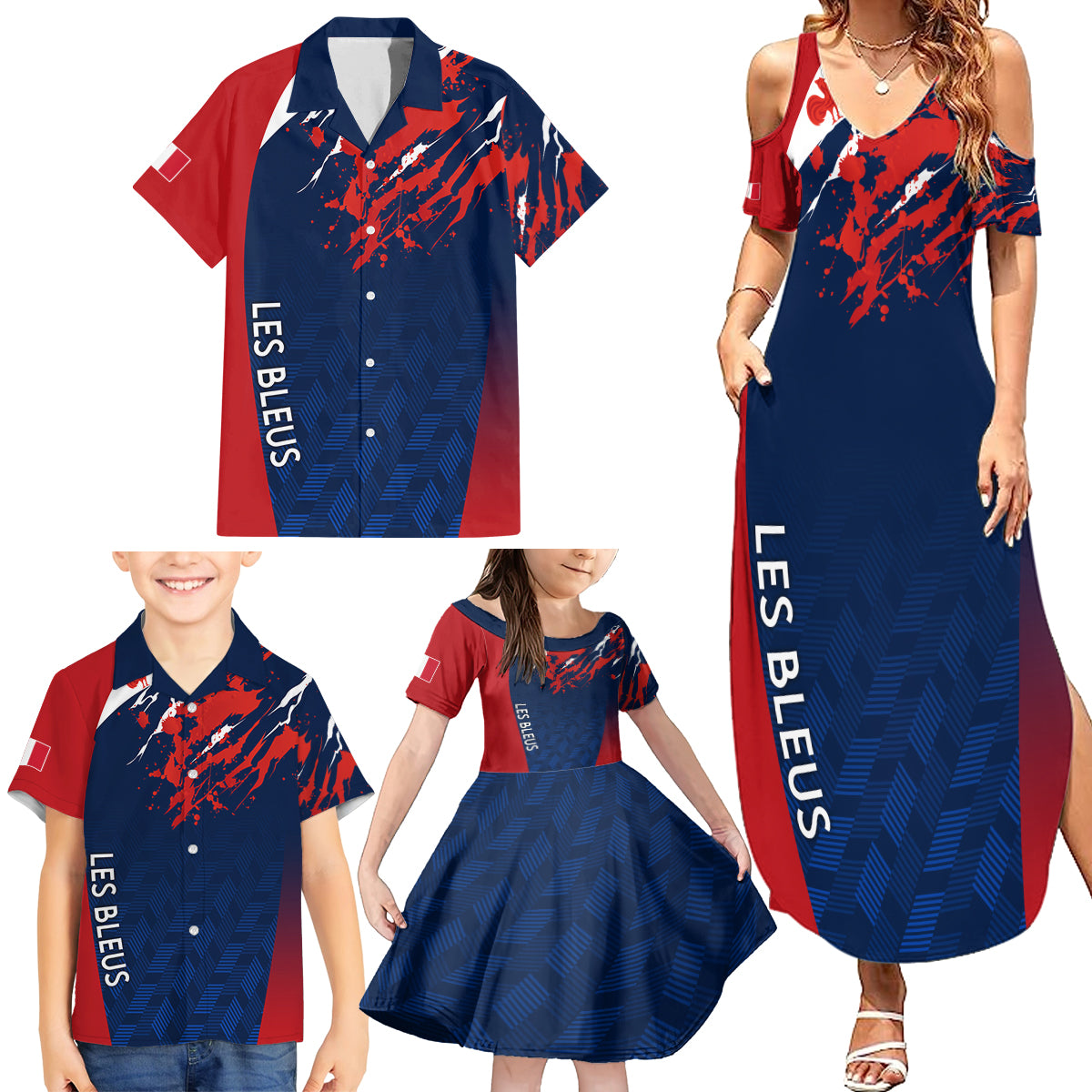 personalised-france-rugby-family-matching-summer-maxi-dress-and-hawaiian-shirt-2023-world-cup-allez-les-bleus-grunge-style