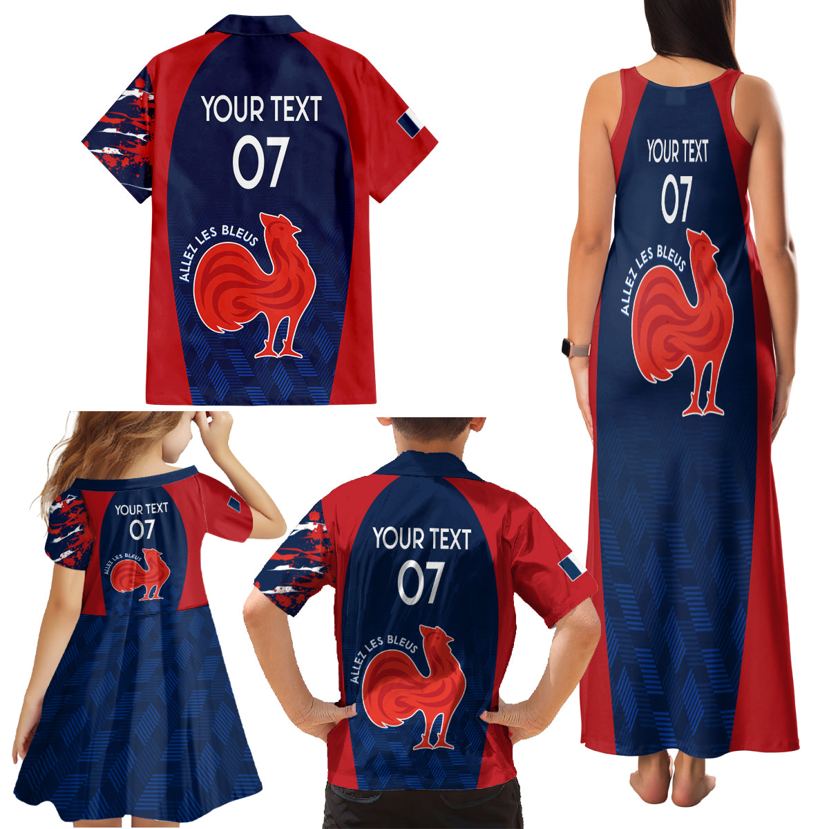 Personalised France Rugby Family Matching Tank Maxi Dress and Hawaiian Shirt 2023 World Cup Allez Les Bleus Grunge Style - Wonder Print Shop