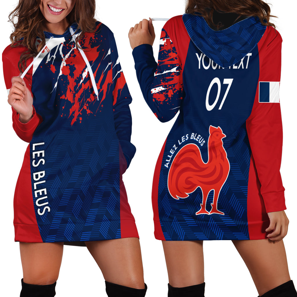 Personalised France Rugby Hoodie Dress 2023 World Cup Allez Les Bleus Grunge Style - Wonder Print Shop