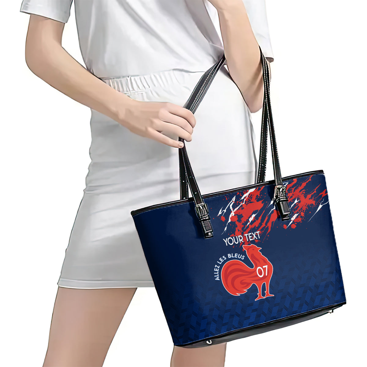 Personalised France Rugby Leather Tote Bag 2023 World Cup Allez Les Bleus Grunge Style - Wonder Print Shop