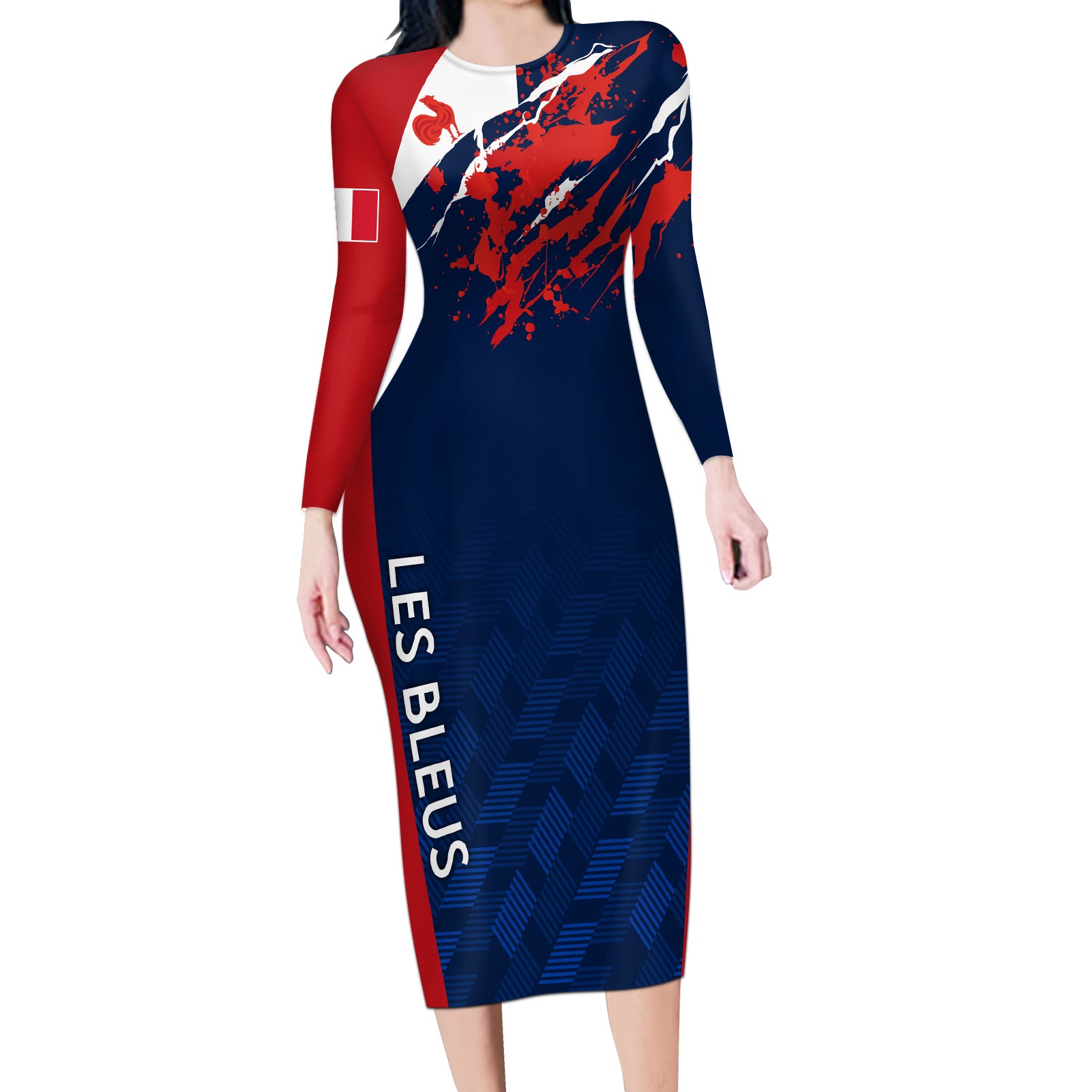 Personalised France Rugby Long Sleeve Bodycon Dress 2023 World Cup Allez Les Bleus Grunge Style - Wonder Print Shop
