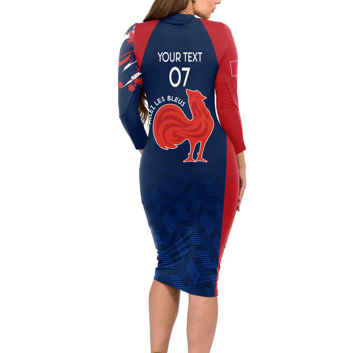 Personalised France Rugby Long Sleeve Bodycon Dress 2023 World Cup Allez Les Bleus Grunge Style - Wonder Print Shop
