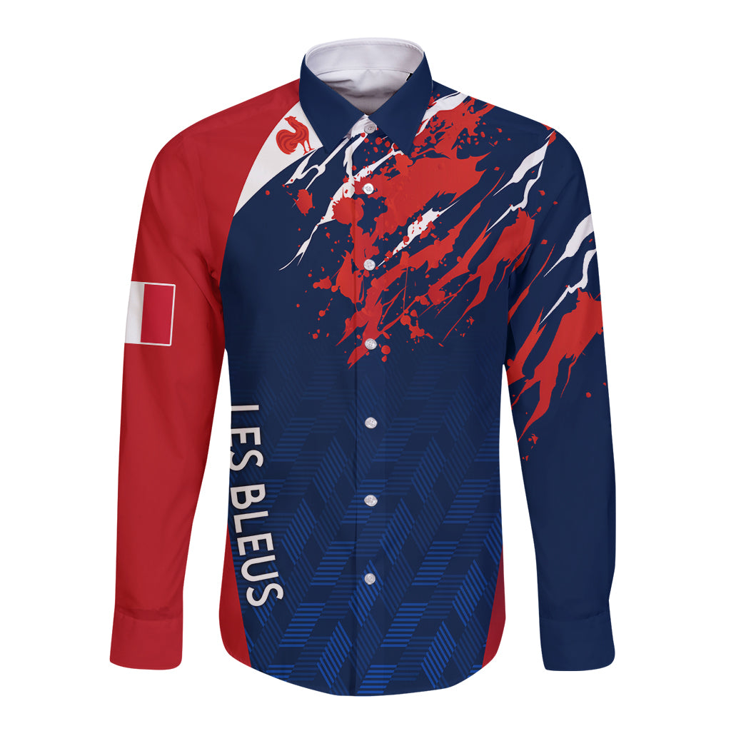 Personalised France Rugby Long Sleeve Button Shirt 2023 World Cup Allez Les Bleus Grunge Style - Wonder Print Shop