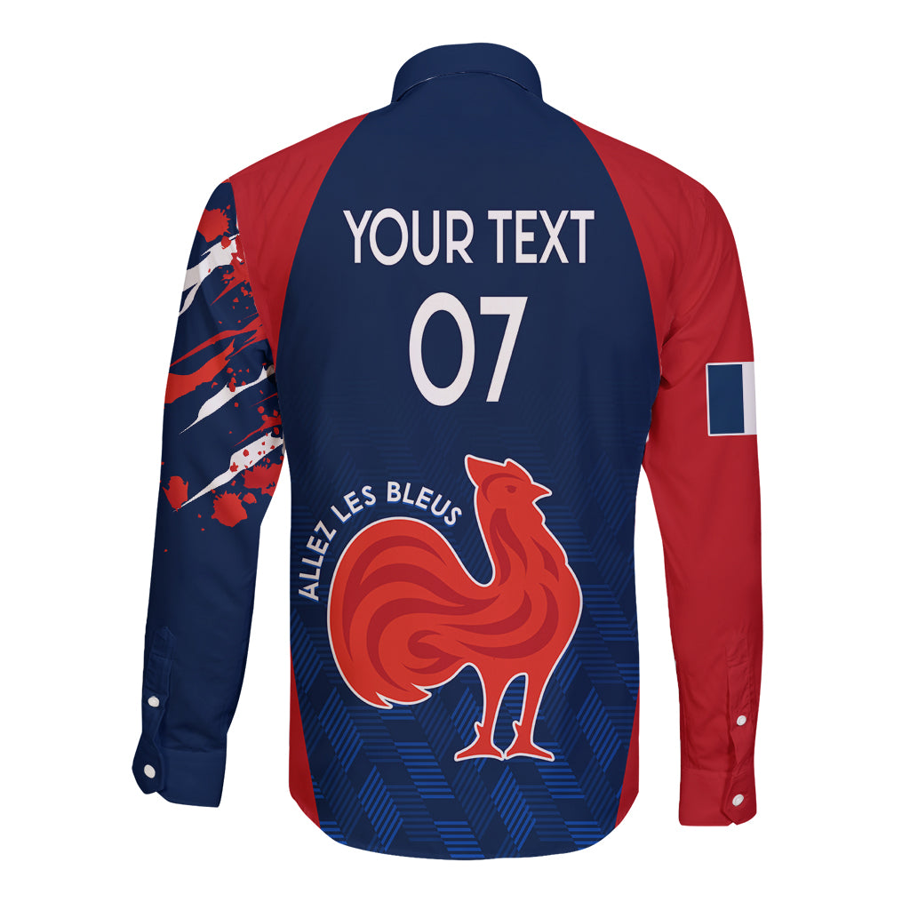 Personalised France Rugby Long Sleeve Button Shirt 2023 World Cup Allez Les Bleus Grunge Style - Wonder Print Shop