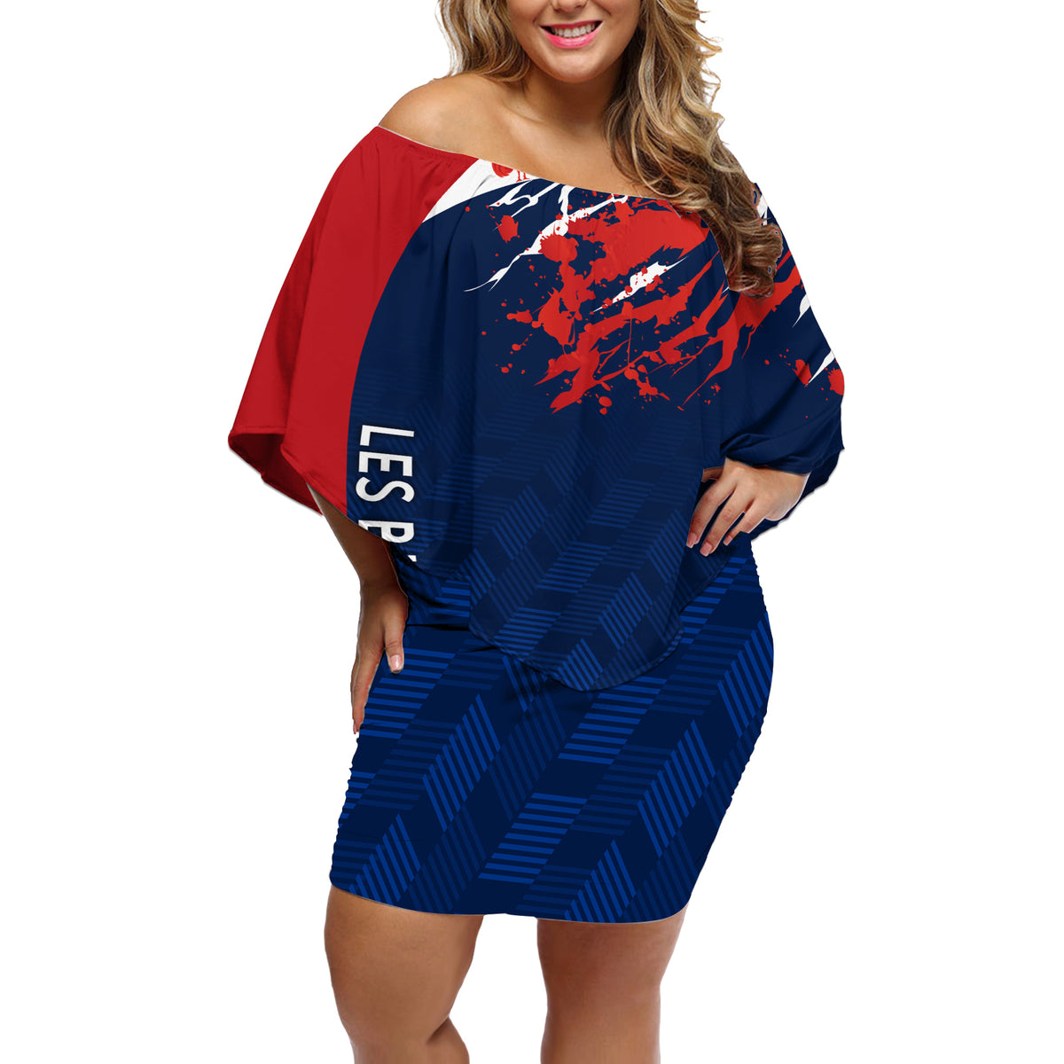 Personalised France Rugby Off Shoulder Short Dress 2023 World Cup Allez Les Bleus Grunge Style - Wonder Print Shop