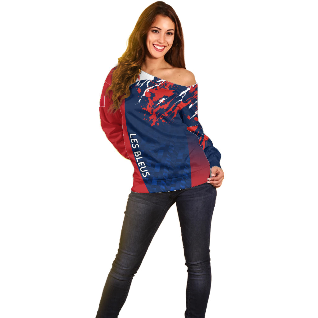 Personalised France Rugby Off Shoulder Sweater 2023 World Cup Allez Les Bleus Grunge Style - Wonder Print Shop