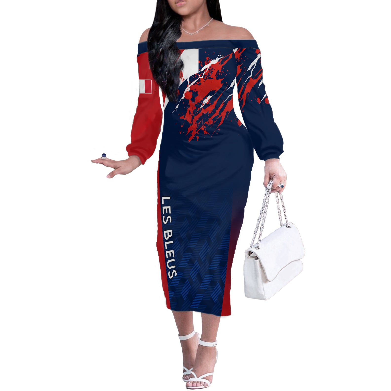 Personalised France Rugby Off The Shoulder Long Sleeve Dress 2023 World Cup Allez Les Bleus Grunge Style - Wonder Print Shop
