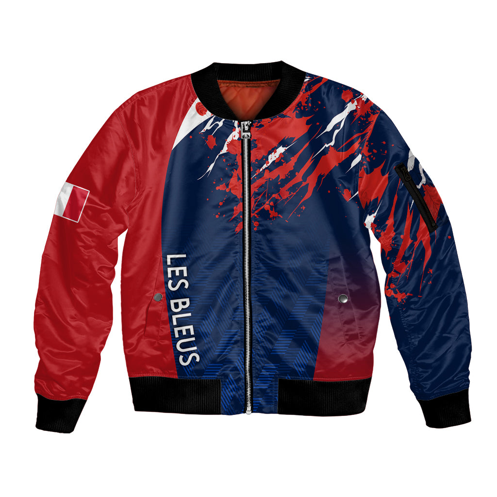 Personalised France Rugby Sleeve Zip Bomber Jacket 2023 World Cup Allez Les Bleus Grunge Style - Wonder Print Shop