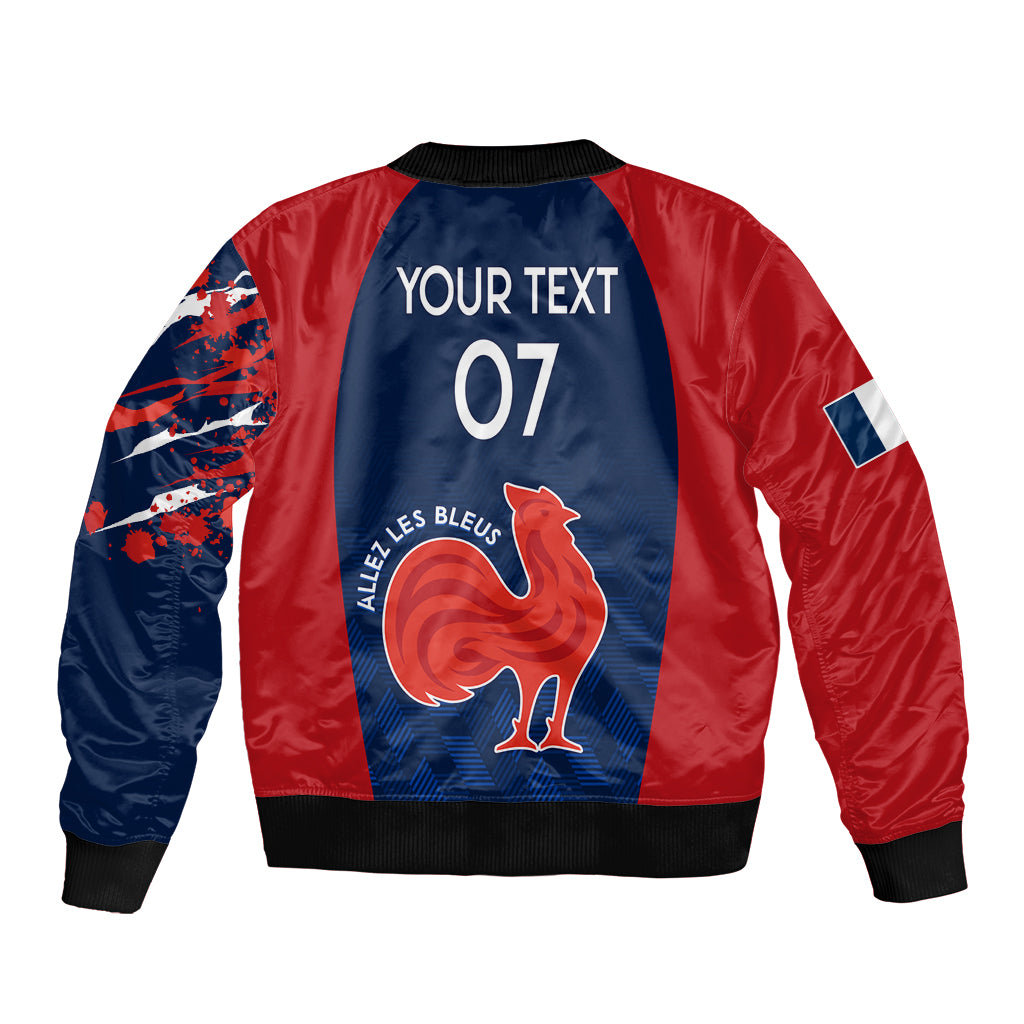Personalised France Rugby Sleeve Zip Bomber Jacket 2023 World Cup Allez Les Bleus Grunge Style - Wonder Print Shop