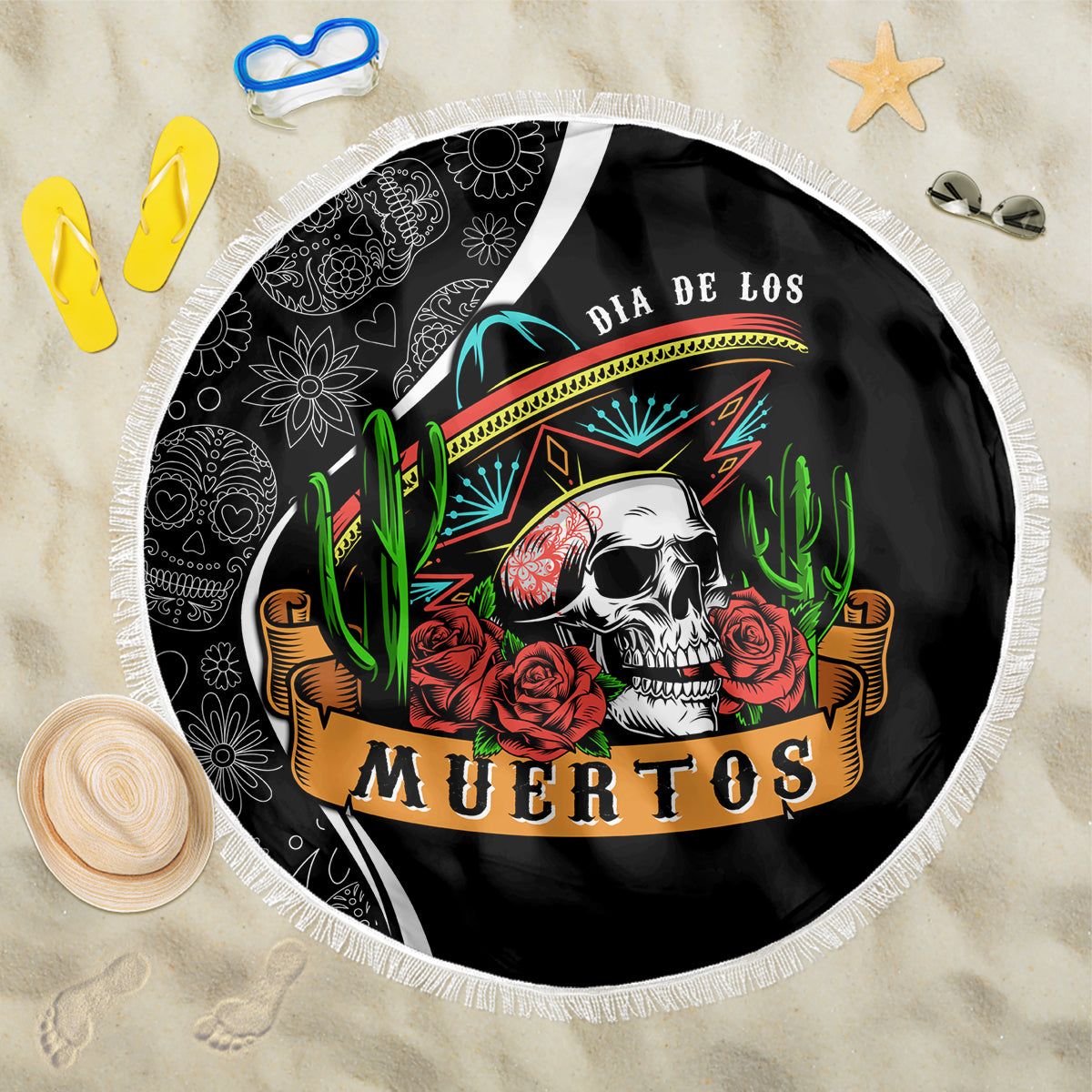 Mexico Day Of The Dead Beach Blanket Sombrero Sugar Skull With Roses LT7 - Wonder Print Shop