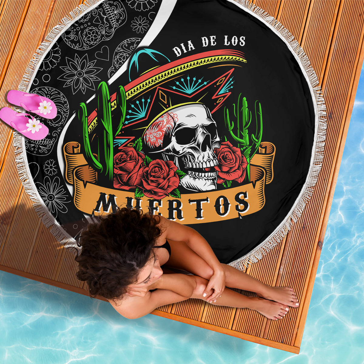 Mexico Day Of The Dead Beach Blanket Sombrero Sugar Skull With Roses LT7 - Wonder Print Shop