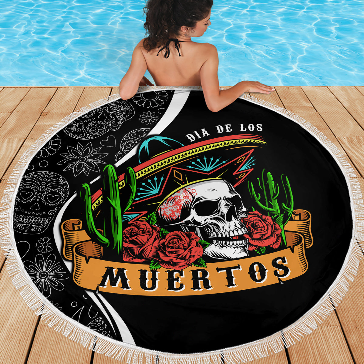 Mexico Day Of The Dead Beach Blanket Sombrero Sugar Skull With Roses LT7 - Wonder Print Shop