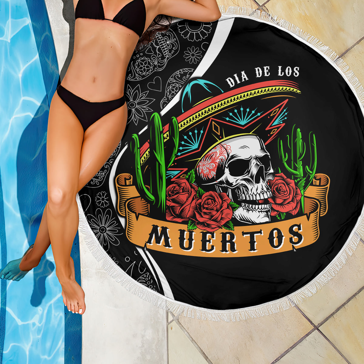 Mexico Day Of The Dead Beach Blanket Sombrero Sugar Skull With Roses LT7 - Wonder Print Shop