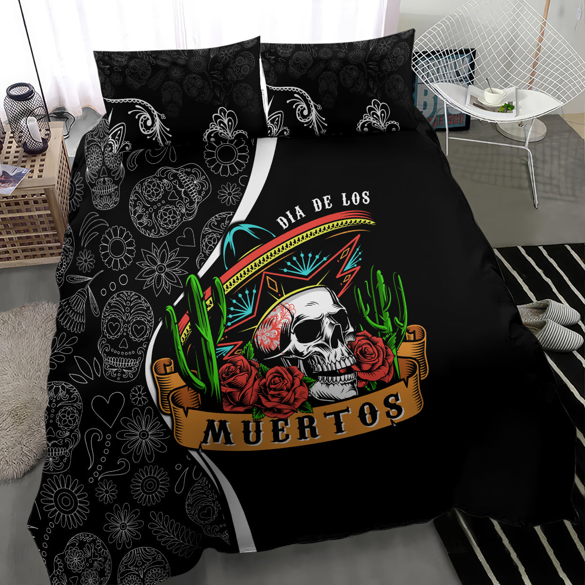 Mexico Day Of The Dead Bedding Set Sombrero Sugar Skull With Roses LT7 - Wonder Print Shop