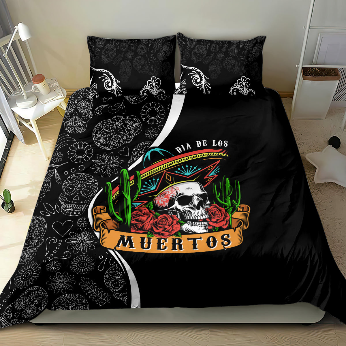 Mexico Day Of The Dead Bedding Set Sombrero Sugar Skull With Roses LT7 - Wonder Print Shop