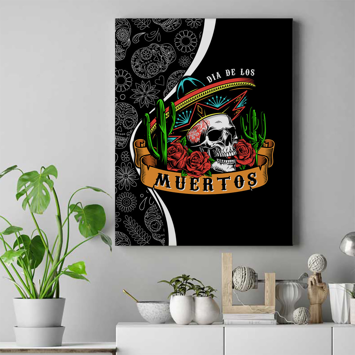 Mexico Day Of The Dead Canvas Wall Art Sombrero Sugar Skull With Roses LT7 - Wonder Print Shop