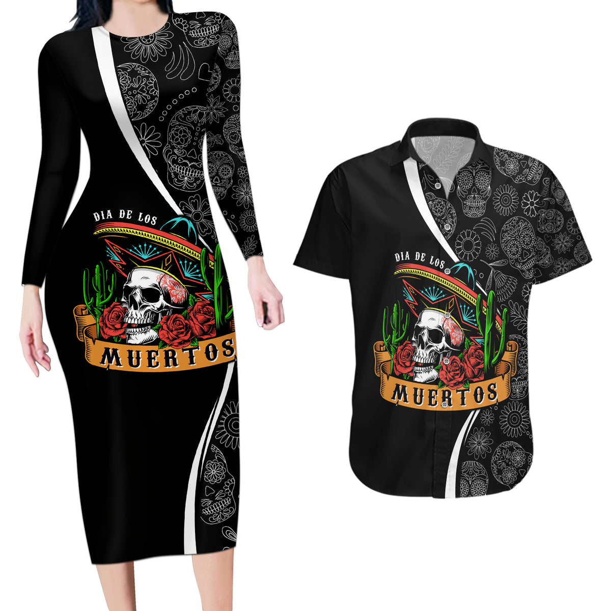 Mexico Day Of The Dead Couples Matching Long Sleeve Bodycon Dress and Hawaiian Shirt Sombrero Sugar Skull With Roses LT7 - Wonder Print Shop