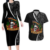 Mexico Day Of The Dead Couples Matching Long Sleeve Bodycon Dress and Hawaiian Shirt Sombrero Sugar Skull With Roses LT7 - Wonder Print Shop