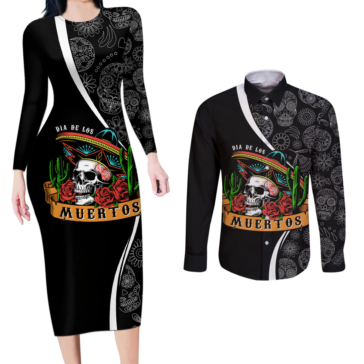 Mexico Day Of The Dead Couples Matching Long Sleeve Bodycon Dress and Long Sleeve Button Shirts Sombrero Sugar Skull With Roses LT7 - Wonder Print Shop
