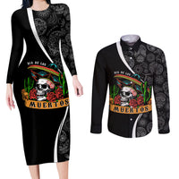 Mexico Day Of The Dead Couples Matching Long Sleeve Bodycon Dress and Long Sleeve Button Shirts Sombrero Sugar Skull With Roses LT7 - Wonder Print Shop