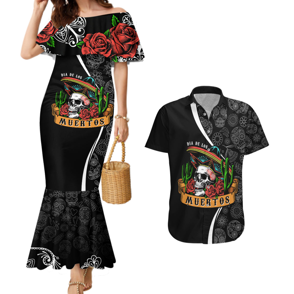 Mexico Day Of The Dead Couples Matching Mermaid Dress and Hawaiian Shirt Sombrero Sugar Skull With Roses LT7 - Wonder Print Shop