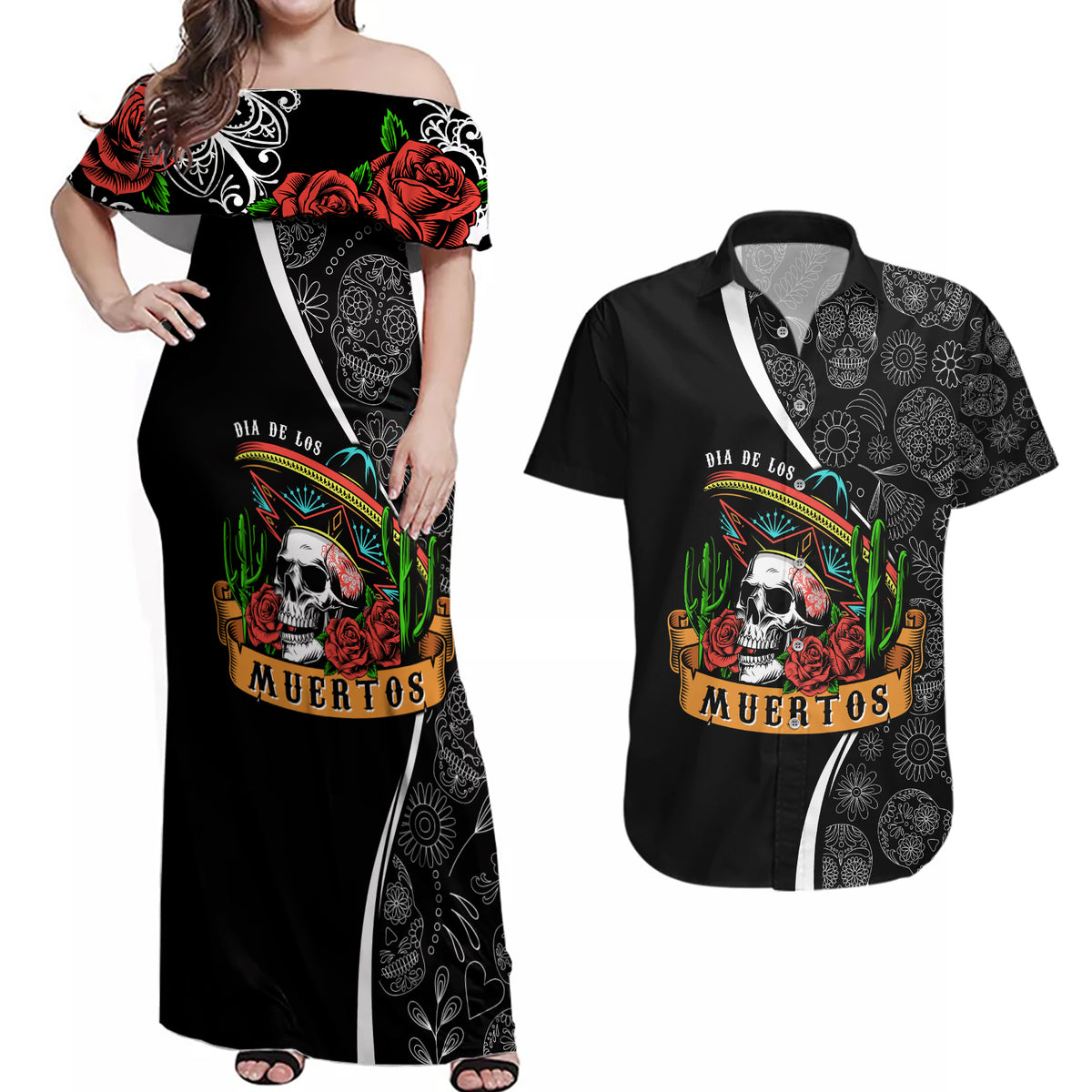 Mexico Day Of The Dead Couples Matching Off Shoulder Maxi Dress and Hawaiian Shirt Sombrero Sugar Skull With Roses LT7 - Wonder Print Shop