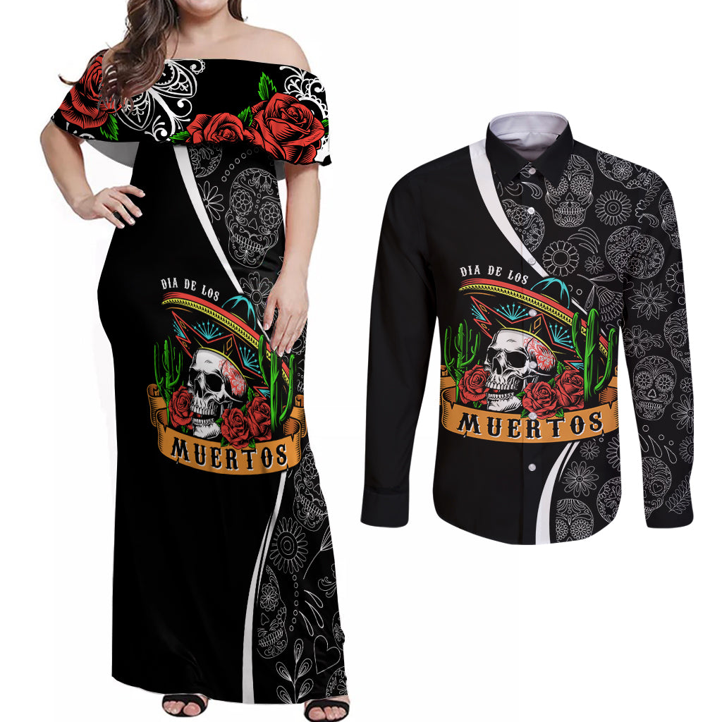 Mexico Day Of The Dead Couples Matching Off Shoulder Maxi Dress and Long Sleeve Button Shirts Sombrero Sugar Skull With Roses LT7 - Wonder Print Shop