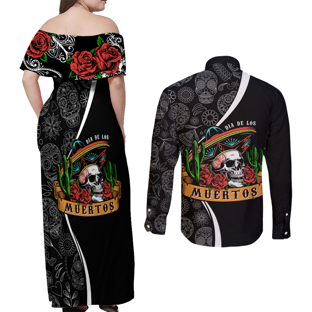 Mexico Day Of The Dead Couples Matching Off Shoulder Maxi Dress and Long Sleeve Button Shirts Sombrero Sugar Skull With Roses LT7 - Wonder Print Shop