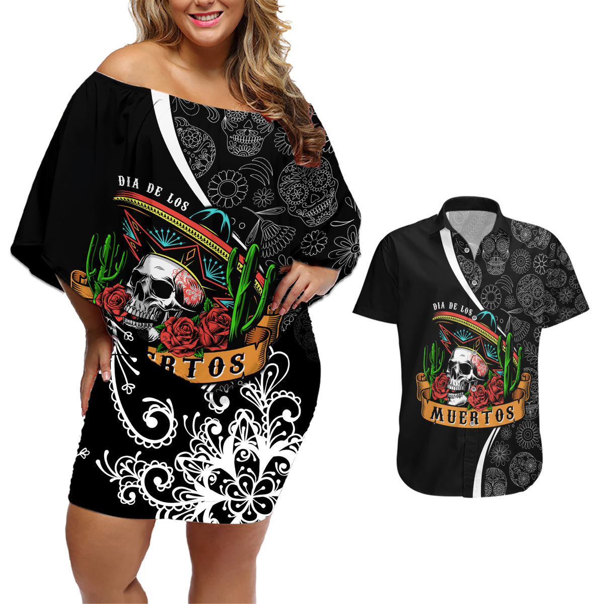 Mexico Day Of The Dead Couples Matching Off Shoulder Short Dress and Hawaiian Shirt Sombrero Sugar Skull With Roses LT7 - Wonder Print Shop