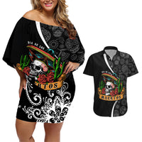 Mexico Day Of The Dead Couples Matching Off Shoulder Short Dress and Hawaiian Shirt Sombrero Sugar Skull With Roses LT7 - Wonder Print Shop