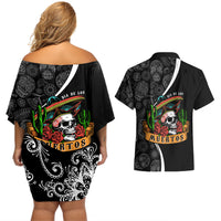 Mexico Day Of The Dead Couples Matching Off Shoulder Short Dress and Hawaiian Shirt Sombrero Sugar Skull With Roses LT7 - Wonder Print Shop
