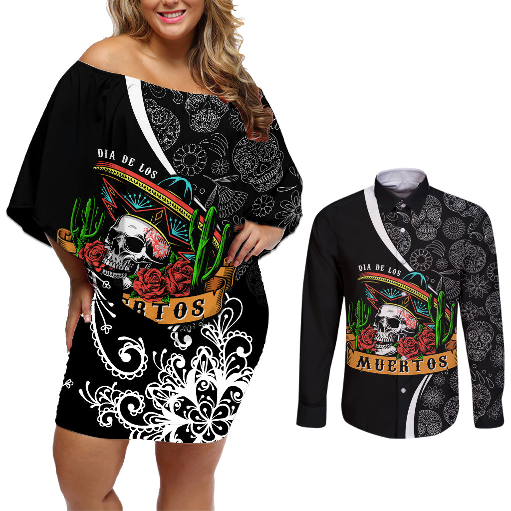 Mexico Day Of The Dead Couples Matching Off Shoulder Short Dress and Long Sleeve Button Shirts Sombrero Sugar Skull With Roses LT7 - Wonder Print Shop