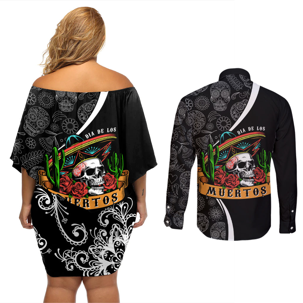 Mexico Day Of The Dead Couples Matching Off Shoulder Short Dress and Long Sleeve Button Shirts Sombrero Sugar Skull With Roses LT7 - Wonder Print Shop