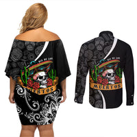 Mexico Day Of The Dead Couples Matching Off Shoulder Short Dress and Long Sleeve Button Shirts Sombrero Sugar Skull With Roses LT7 - Wonder Print Shop