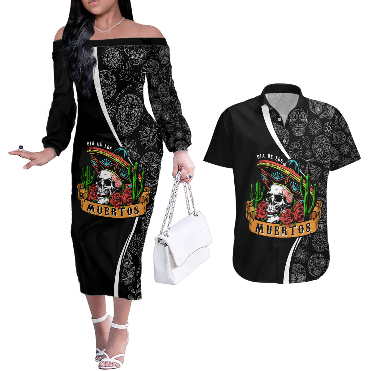 Mexico Day Of The Dead Couples Matching Off The Shoulder Long Sleeve Dress and Hawaiian Shirt Sombrero Sugar Skull With Roses LT7 - Wonder Print Shop